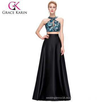 Grace Karin 2016 Neue Mode Sexy zwei Stück Set Sequined Satin Schwarzes Freies Abendkleid GK000107-1